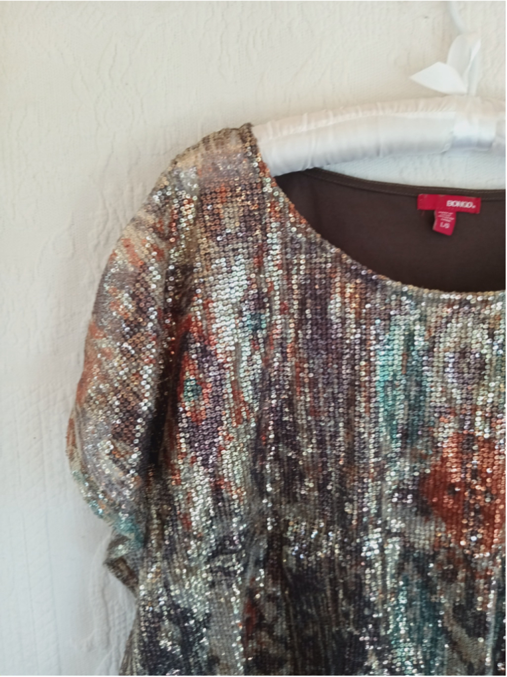 Bongo Sequin Dolman Blouse Brown Copper western tribal boho metallic sparkle LG - Picture 3 of 11